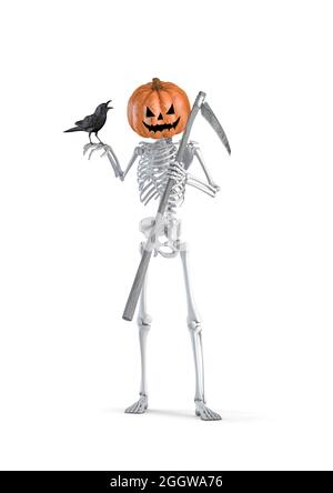 Halloween Sensenmann Kürbis Skelett - 3D-Illustration von männlichen menschlichen Skelett Todesfigur hält Sense und schwarze Krähe isoliert auf weiß Stockfoto