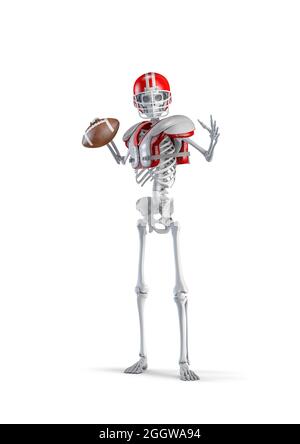 American Football Skeleton Quarterback - 3D-Darstellung der männlichen menschlichen Skelett Figur trägt Fußballhelm und Pads isoliert auf weißem Studio Rücken Stockfoto