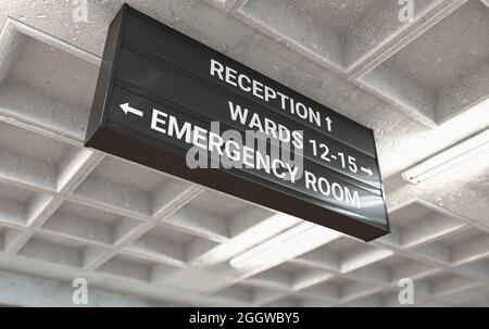 Ein Richtschild des Krankenhauses, das an einer Decke aus Gussbeton angebracht ist und den Weg zur Notaufnahme markiert - 3D-Rendering Stockfoto