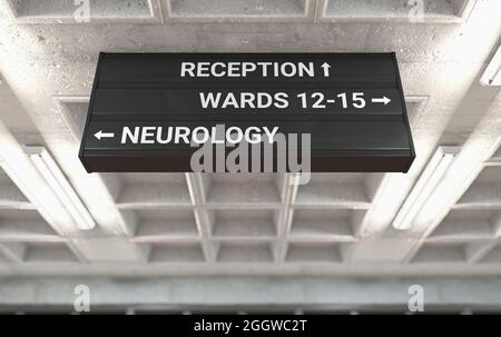 Ein Krankenhaus-Richtschild, das an einer Betongussdecke angebracht ist und den Weg zur neurologischen Station markiert - 3D-Rendering Stockfoto