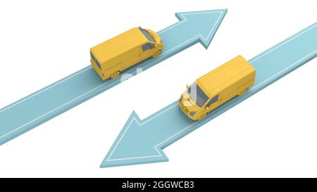 Gelbe Transporter gehen in verschiedene Richtungen auf Pfeile isoliert auf weiß über Ansicht. 3d-Rendering Stockfoto