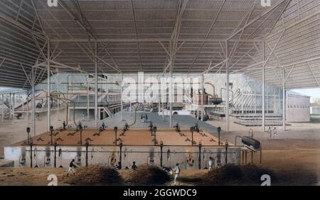 1860LAPLANTE, EDUARDO. PINTOR FRANCES. 1818. LIBRO DE LOS INGENIOS. CASA DE CALDERAS DEL INGENIO DE SANTA SUSANA, GRABADO. MUSEO NACIONAL .LA HABANA. Stockfoto