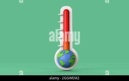 Konzept des Klimawandels. Thermometer mit steigender Erdtemperatur. 3D-Rendering. Stockfoto