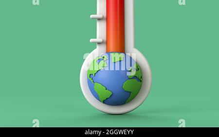 Konzept des Klimawandels. Thermometer mit steigender Erdtemperatur. 3D-Rendering. Stockfoto