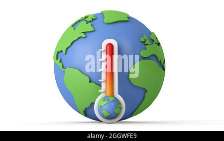 Konzept der globalen Erwärmung der Erde. Thermometer mit Erdmodell. 3D-Rendering Stockfoto