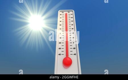 Konzept der globalen Erwärmung. Thermometer unter strahlender Sommersonne. 3D-Rendering Stockfoto