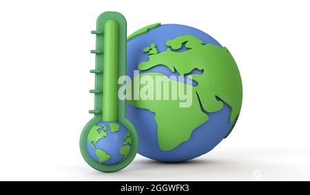 Konzept der globalen Erwärmung der Erde. Thermometer mit Erdmodell. 3D-Rendering Stockfoto