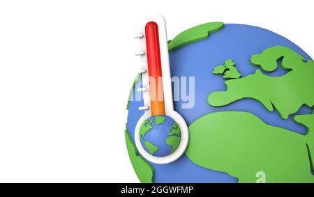 Konzept der globalen Erwärmung der Erde. Thermometer mit Erdmodell. 3D-Rendering Stockfoto