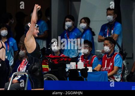 TOKIO, JAPAN - 31. AUGUST: Chantalle Zijderveld aus den Niederlanden tritt während der Olympischen Spiele 2020 in Tokio am 31. August 2021 im Tokyo Aquatics Center in Tokio, Japan, auf dem 100m-Schmetterling der Frau an (Foto: Ilse Schaffers/Orange Picles) NOCNSF Stockfoto