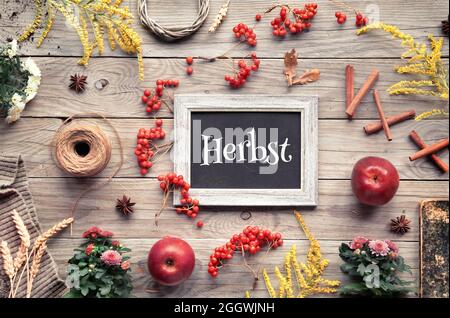 Text Herbst auf Tafel bedeutet Herbst in deutscher Sprache. Orange Hokkaido-Kürbisse, Eberesche, Äpfel, Zimt und Rahmen aus Herbst Stockfoto