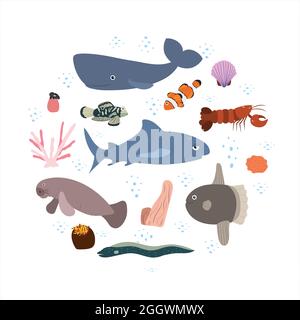 Design-Vorlage mit Meerestier im Kreis für Kinder drucken. Runde Zusammensetzung von Meerestieren, Pottwalen, Haien und Seekühen, Fischen, Hummer. Vektor-Set von Unterwasserleben im Cartoon-Stil. Stock Vektor