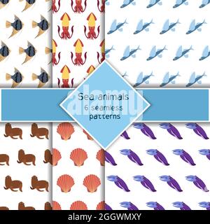 Set mit sechs Seetöbling Nahtloses Muster mit Tintenfisch und Tintenfisch, Pelzrobbe, Engelfisch. Unterwasser Welt Bewohner drucken. Handgezeichnete Unterwasserwelt Sammlung. Lustige Cartoon Meerestiere Charakter Stock Vektor