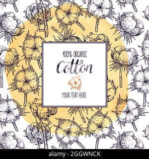 Schöner Skizzenrahmen mit Baumwolle auf gelbem Aquarell-Hintergrund. Handgezeichnete Illustration Stock Vektor