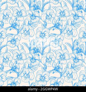 Nahtloser blauer Hintergrund mit hübschen Stiefmütterchen. Handgezeichnete Illustration Stock Vektor