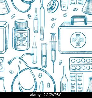 Nahtloser Hintergrund mit Skizze medizinische Versorgung. Handgezeichnete Illustration Stock Vektor