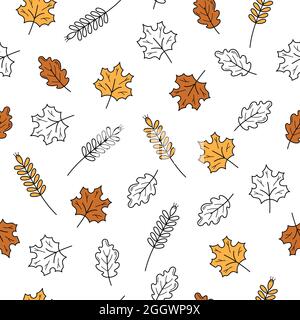 Farbige und schwarz-weiße Symbole der Blätter von Hand gezeichnet. Minimalistisches Endlosmuster auf weißem Hintergrund. Nahtlose Herbststruktur Stock Vektor