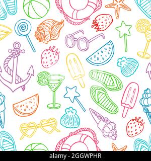 Niedliches Nahtmuster mit Sommer-Symbolen. Muscheln, Eis, Erdbeeren. Handgezeichnete Illustration Stock Vektor
