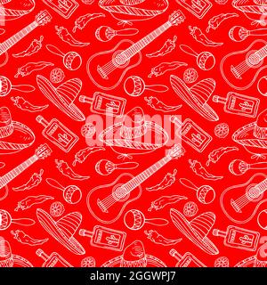 Cute nahtlose Hintergrund einer Skizze traditionellen mexikanischen Artikel - Maracas, Sombreros, Gitarren. Handgezeichnete Illustration Stock Vektor