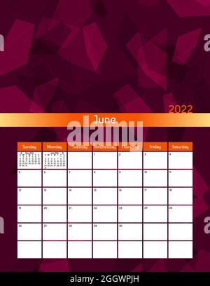 US-Brief Papierformat Vektor futuristischer Monatsplaner Kalender Juni 2022 die Woche beginnt am Sonntag. Vertikaler polygonaler Organizer, Habit Tracker. Farbenfroh Stockfoto