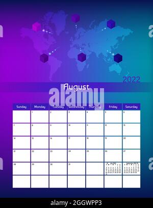 US-Brief Papierformat Vektor futuristischen Monatsplaner Kalender August 2022 Woche beginnt am Sonntag. Vertikaltechnik-Organizer, Habit Tracker mit w Stockfoto
