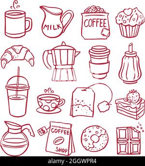 Set von Kaffee und Desserts Symbole. Handgezeichnete Illustration Stock Vektor
