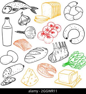 Sammlung verschiedener Produkte. Handgezeichnete Illustration Stock Vektor