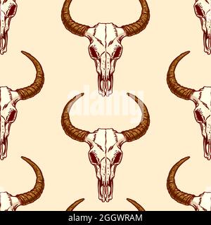 Niedliche nahtlose Muster von Totenköpfen Stier auf einem gelben Hintergrund. Handgezeichnete Illustration Stock Vektor
