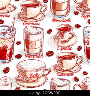 Nahtloser Hintergrund mit verschiedenen Tassen Kaffee und Kaffeebohnen. Handgezeichnete Abbildung Stock Vektor