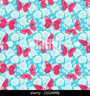 Schöne nahtlose Muster aus Rosen und bunten Schmetterlingen. Handgezeichnete Illustration Stock Vektor