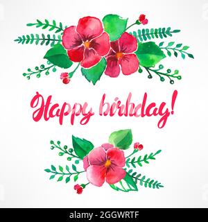 Schöne Grußkarte mit Aquarellblumen und herzlichen Glückwunsch zum Geburtstag Stock Vektor