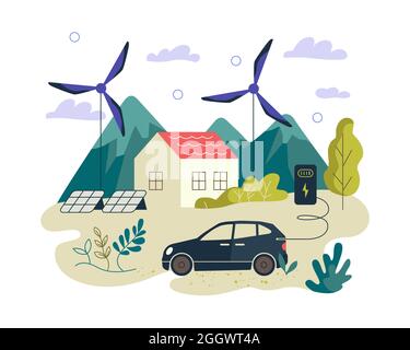 Umweltfreundliche grüne erneuerbare Energie-Banner. Elektroauto, Smart House, Sonnenkollektoren und Windkraftanlage in der Berglandschaft. Rette das ökologische Konzept des Planeten Erde. Abbildung „Saubere Ökologie“ Stock Vektor
