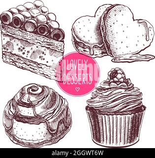 Set aus vier verschiedenen köstlichen Desserts. Handgezeichnete Illustration Stock Vektor