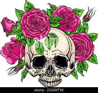 Handgezeichnete Illustration des anatomischen menschlichen Schädels mit einem Rosenkranz Stock Vektor