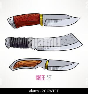 Set mit drei Jagdmessern. Handgezeichnete Illustration Stock Vektor