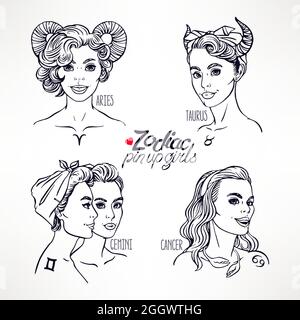 Set aus vier Tierkreiszeichen als Mädchen im Pin-up-Stil. Handgezeichnete Illustration Stock Vektor