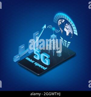 Design-Element für 5G-Internet-Technologie für Website oder Banner mit isometrischem Telefon auf blauem Hintergrund. Pfeil nach oben mit Prozent und Signalmast. Vektor-il Stockfoto