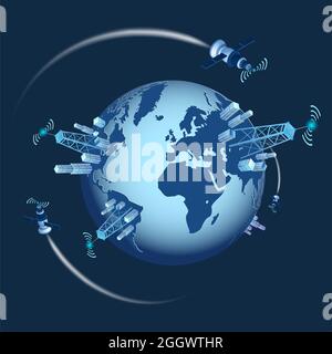 Isometrisches Konzept der Hochgeschwindigkeits-Satellitenkommunikation 5g isoliert auf blau. 3d-Planet Erde mit Zelltürmen. Vektordesign-Element. Stockfoto