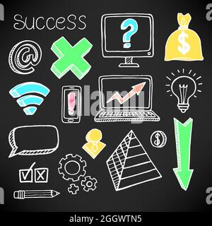 vektor-Set von handgezeichneten Symbolen auf schwarzem Hintergrund Stock Vektor