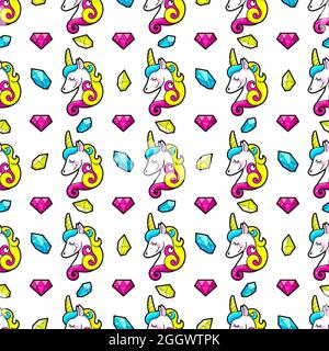 Nahtloser Hintergrund von Kristallen und Einhörnern. Vektorgrafik Stock Vektor