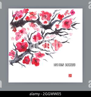 Schöne handgezeichnete Illustration mit japanischen Naturmotiven. Blühende rosa Sakura. Sumi-e Stock Vektor