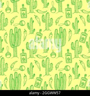 Nahtlose mexikanische Hintergrund von Kakteen, Flaschen Tequila und Maracas. Handgezeichnete Illustration Stock Vektor