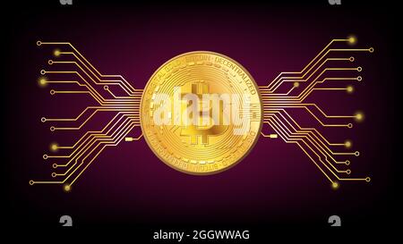 Detaillierter Bitcoin-BTC-Token mit Goldmünze und leiterplattenspuren auf dunkelrotem Hintergrund. Digitales Gold im Techno-Stil für Website oder Banner. Vektorgrafik. Stockfoto