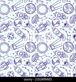Schönes nahtloses Muster mit Planeten, Astronauten und Konstellationen. Handgezeichnete Illustration Stock Vektor