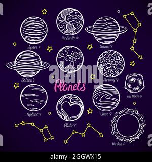 Set mit den Planeten des Sonnensystems und den Konstellationen auf dunklem Hintergrund. Handgezeichnete Illustration Stock Vektor