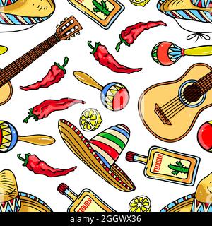 Cute nahtlose Hintergrund eines traditionellen mexikanischen Artikel - Maracas, Sombreros, Gitarren. Handgezeichnete Illustration Stock Vektor