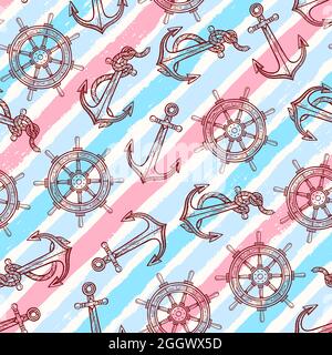 Schöne nahtlose Hintergrund der maritimen Symbole. Handgezeichnete Illustration Stock Vektor