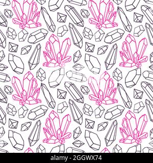 Schönes nahtloses Muster aus rosa und schwarzen Kristallen und Edelsteinen. Handgezeichnete Illustration Stock Vektor
