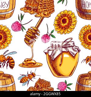 Nahtloser Hintergrund von Honiggläsern, Bienen, Blumen. Handgezeichnete Illustration Stock Vektor