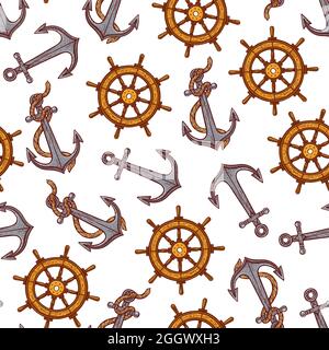 Schöne nahtlose Hintergrund der maritimen Symbole. Handgezeichnete Illustration Stock Vektor