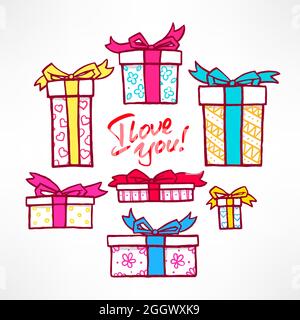 Niedliches Set mit einer Vielzahl von bunten Geschenkboxen Stock Vektor
